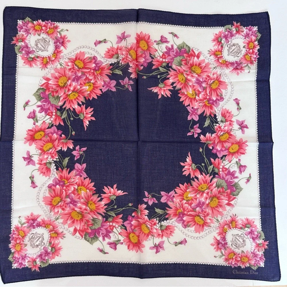 WOMEN HANDKERCHIEF CHRISTIAN DIOR Pink Purple Floral Mini Scarf COTTON 18”